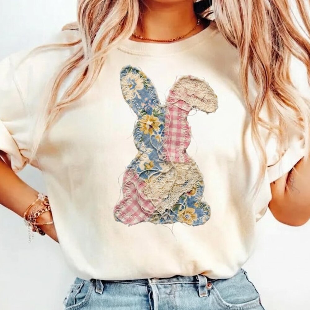Easter Bunny T-Shirt, Patchwork Floral Rabbit, Cottagecore Tee